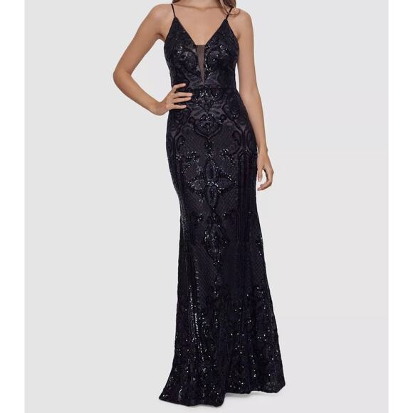 Betsy & Adam Women's Black Embellished Illusion-Inset Gown Black Size 10 NWOT - Picture 1 of 13